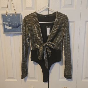 Nasty Gal Black and Gold Metallic Tie-Front Long Sleeve Bodysuit